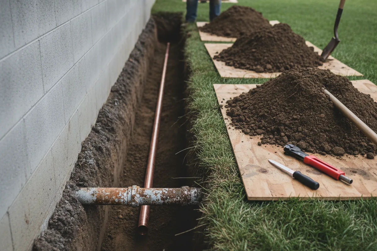 Excavated water line trench during Sewer Line Repair in Winder